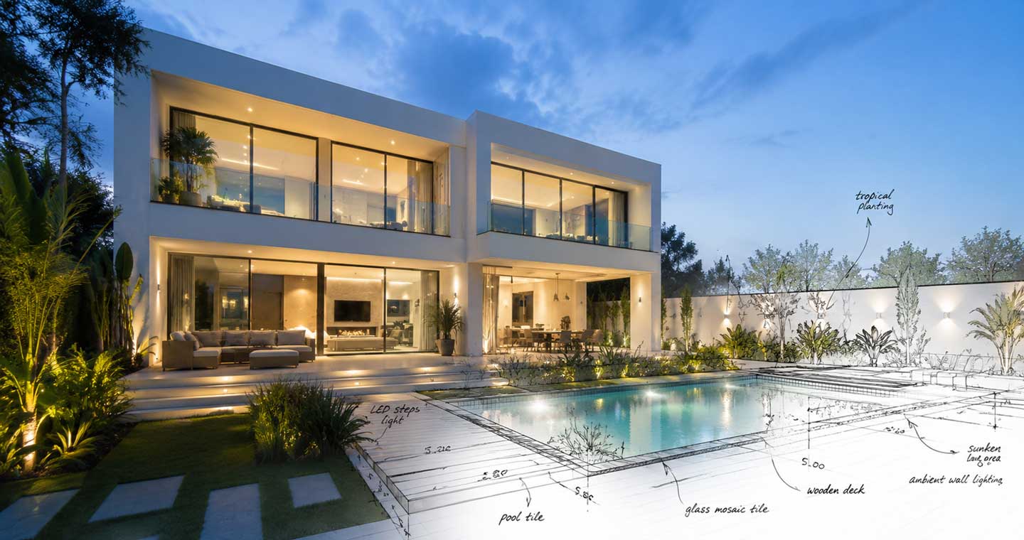 Custom pool design sketch overlaid on a finished backyard pool, showing how a plan becomes the final build
